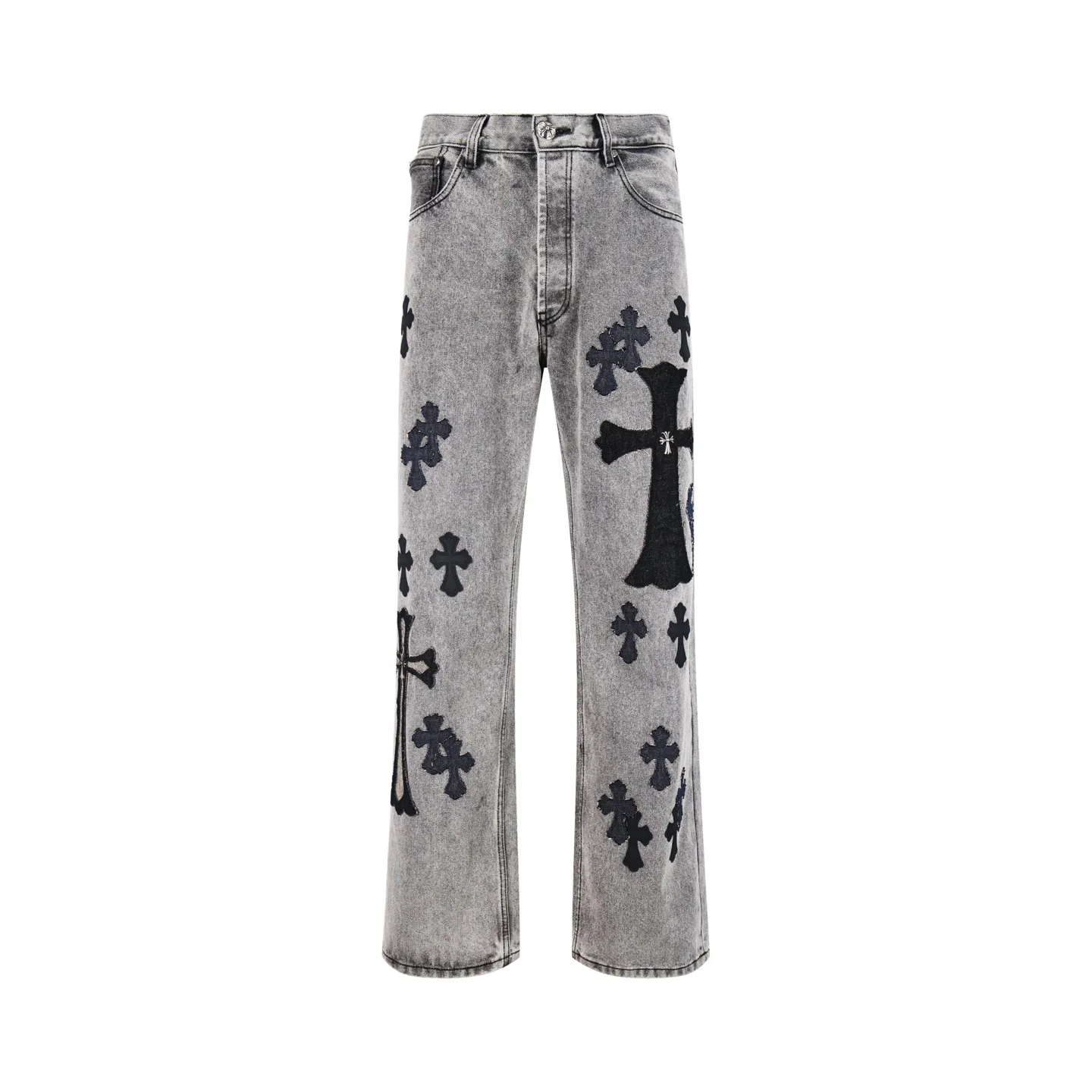 🅿️800 [Exclusive supply] CH Crow Heart Cow King jeans (grey), using genuine levis502 as the base plate, purchased the original version at 5W, heavily washed, frayed and distressed, customized cowhide cross, dyed and fixed to prevent color fading. Fully right-angle fit hand embroidery thread, a total of 5 small silver nails on the whole body, 1 silver medal, 5 Cross Scout flower buttons. The silver content is 85%. It is not made of 925 silver because the silver content is too high and it will easily turn black and oxidize, which affects the appearance. The printing adopts the garment screen water slurry printing process. Size:32/34/36/38